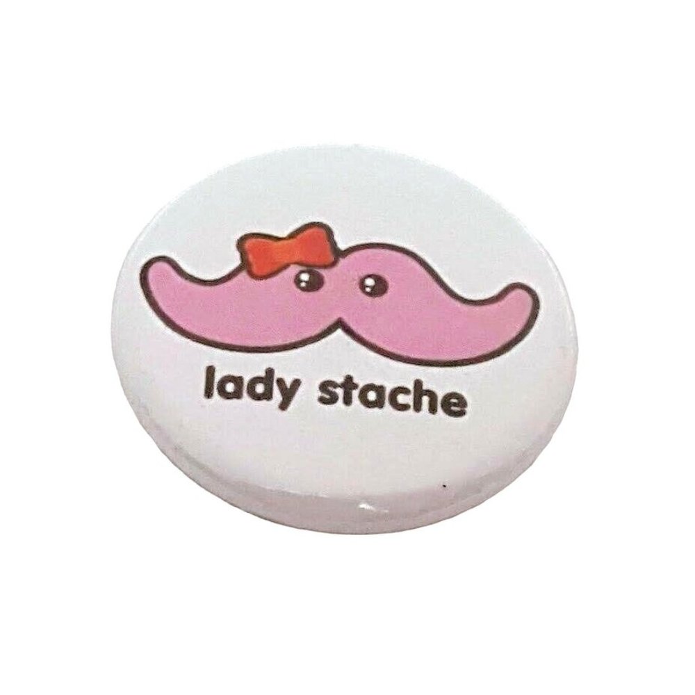 Badgebomb 2010 Shawnimals Art Button Pin Lady Stache 2010 Pink Mustache Eyes Bow